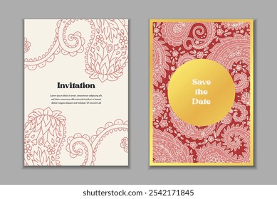 Dos Plantillas de tarjetas de felicitación con motivos paisley. Invitación de Boda con decoración oriental. Diseño estacionario abstracto moderno.