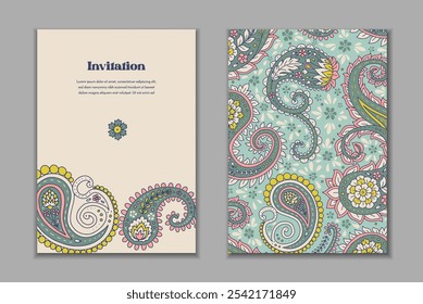 Dos Plantillas de tarjetas de felicitación con motivos paisley. Invitación de Boda con decoración oriental. Diseño estacionario abstracto moderno.