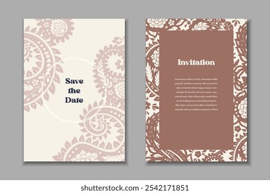 Dos Plantillas de tarjetas de felicitación con motivos paisley. Invitación de Boda con decoración oriental. Diseño estacionario abstracto moderno.