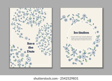 Dos Plantillas de tarjetas de felicitación con motivos florales paisley. Invitación de Boda con decoración oriental. Diseño estacionario botánico abstracto moderno.