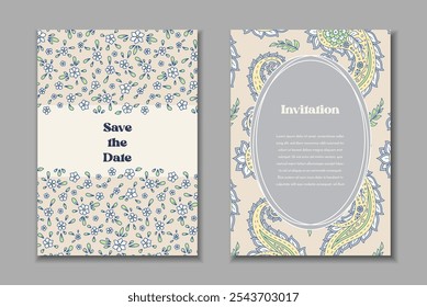 Dos Plantillas de tarjetas de felicitación con motivos florales paisley. Invitación de Boda con decoración oriental. Diseño estacionario botánico abstracto moderno.