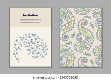 Dos Plantillas de tarjetas de felicitación con motivos florales paisley. Invitación de Boda con decoración oriental. Diseño estacionario botánico abstracto moderno.