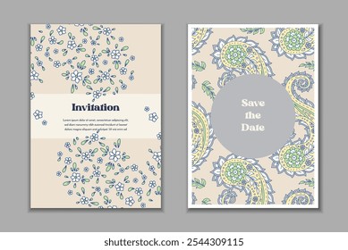 Dos Plantillas de tarjetas de felicitación con motivos florales paisley. Invitación de Boda con decoración oriental. Diseño estacionario botánico abstracto moderno.