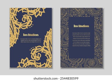 Dos Plantillas de tarjetas de felicitación con motivos paisley. Invitación de Boda con decoración oriental. Diseño estacionario abstracto moderno.