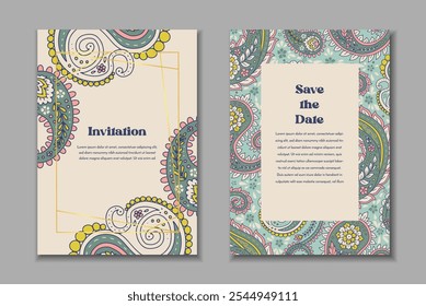 Dos Plantillas de tarjetas de felicitación con motivos paisley. Invitación de Boda con decoración oriental. Diseño estacionario abstracto moderno.