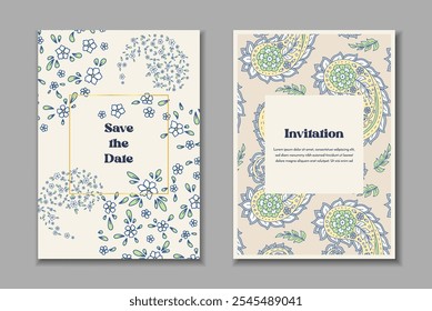 Dos Plantillas de tarjetas de felicitación con motivos florales paisley. Invitación de Boda con decoración oriental. Diseño estacionario botánico abstracto moderno.