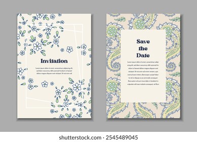 Dos Plantillas de tarjetas de felicitación con motivos florales paisley. Invitación de Boda con decoración oriental. Diseño estacionario botánico abstracto moderno.