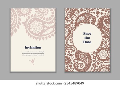 Dos Plantillas de tarjetas de felicitación con motivos paisley. Invitación de Boda con decoración oriental. Diseño estacionario abstracto moderno.