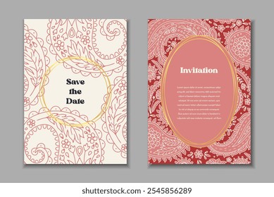 Dos Plantillas de tarjetas de felicitación con motivos paisley. Invitación de Boda con decoración oriental. Diseño estacionario abstracto moderno.