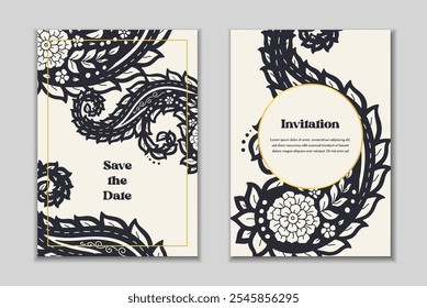 Dos Plantillas de tarjetas de felicitación con motivos paisley. Invitación de Boda con decoración oriental. Diseño estacionario abstracto moderno.