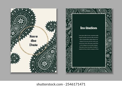 Dos Plantillas de tarjetas de felicitación con motivos paisley en blanco y negro. Invitación de Boda con decoración oriental monocromática. Diseño estacionario abstracto moderno.