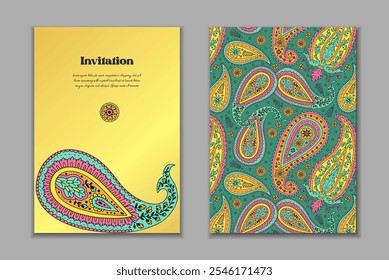 Dos Plantillas de tarjetas de felicitación con brillantes motivos paisley coloridos. Invitación de Boda con decoración oriental. Diseño estacionario abstracto moderno.