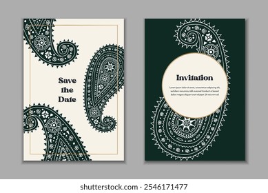 Dos Plantillas de tarjetas de felicitación con motivos paisley en blanco y negro. Invitación de Boda con decoración oriental monocromática. Diseño estacionario abstracto moderno.