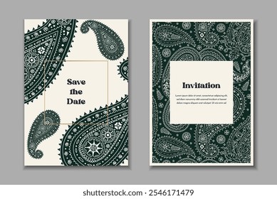 Dos Plantillas de tarjetas de felicitación con motivos paisley en blanco y negro. Invitación de Boda con decoración oriental monocromática. Diseño estacionario abstracto moderno.