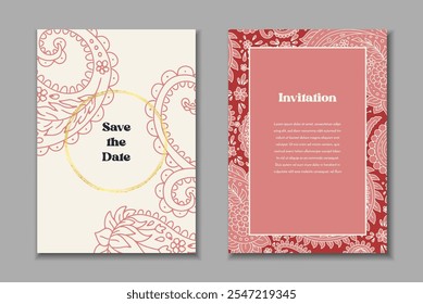 Dos Plantillas de tarjetas de felicitación con motivos paisley. Invitación de Boda con decoración oriental. Diseño estacionario abstracto moderno.