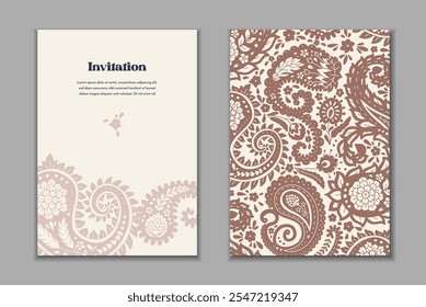 Zwei Grußkartenvorlagen mit Paisley-Motiven. Hochzeitseinladung mit orientalischer Dekoration. Modernes abstraktes, stationäres Design.