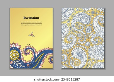 Dos Plantillas de tarjetas de felicitación con motivos paisley. Invitación de Boda con decoración oriental. Diseño estacionario abstracto moderno.