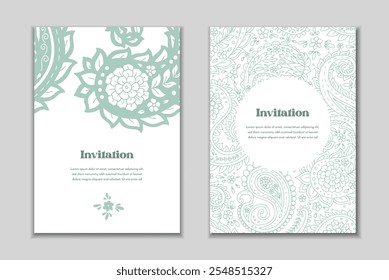 Dos Plantillas de tarjetas de felicitación con motivos paisley. Invitación de Boda con decoración oriental. Diseño estacionario abstracto moderno.