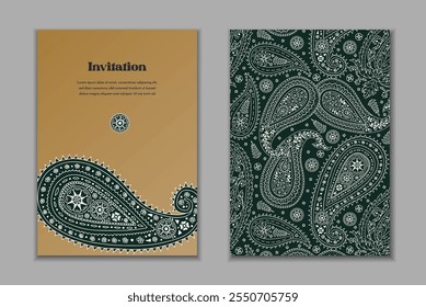 Dois modelos de cartões de saudação definidos com motivos paisley preto e branco. Convite de casamento com decoração oriental monocromática. Moderno design estacionário abstrato.