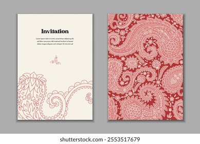 Two greeting cards templates set with paisley motifs. Wedding invitation with oriental decoration. Modern abstract stationary design.