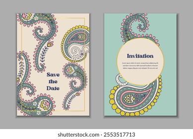 Two greeting cards templates set with paisley motifs. Wedding invitation with oriental decoration. Modern abstract stationary design.