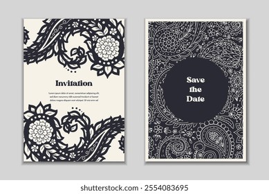 Two greeting cards templates set with paisley motifs. Wedding invitation with oriental decoration. Modern abstract stationary design.