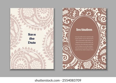 Two greeting cards templates set with paisley motifs. Wedding invitation with oriental decoration. Modern abstract stationary design.