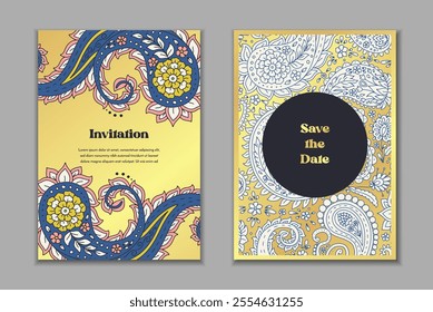 Two greeting cards templates set with paisley motifs. Wedding invitation with oriental decoration. Modern abstract stationary design.