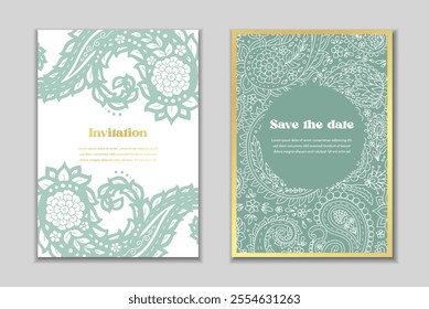 Two greeting cards templates set with paisley motifs. Wedding invitation with oriental decoration. Modern abstract stationary design.