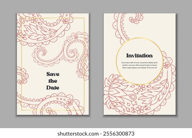 Two greeting cards templates set with paisley motifs. Wedding invitation with oriental decoration. Modern abstract stationary design.