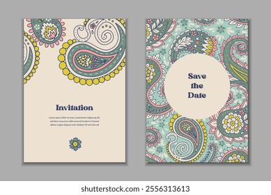 Two greeting cards templates set with paisley motifs. Wedding invitation with oriental decoration. Modern abstract stationary design.