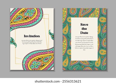 Two greeting cards templates set with bright colorful paisley motifs. Wedding invitation with oriental decoration. Modern abstract stationary design.