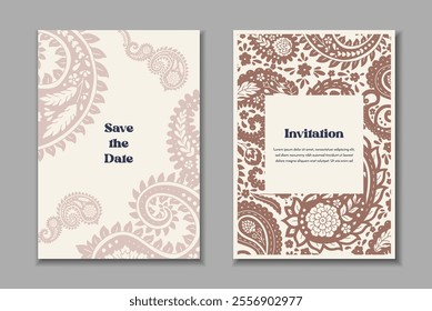 Two greeting cards templates set with paisley motifs. Wedding invitation with oriental decoration. Modern abstract stationary design.