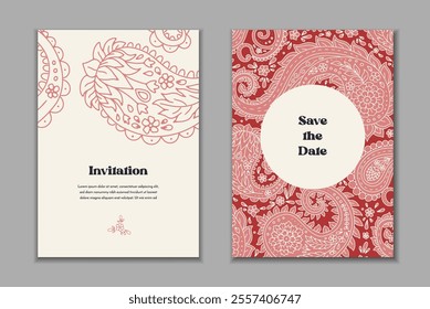 Two greeting cards templates set with paisley motifs. Wedding invitation with oriental decoration. Modern abstract stationary design.