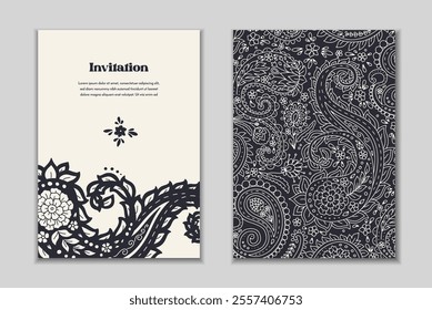 Two greeting cards templates set with paisley motifs. Wedding invitation with oriental decoration. Modern abstract stationary design.