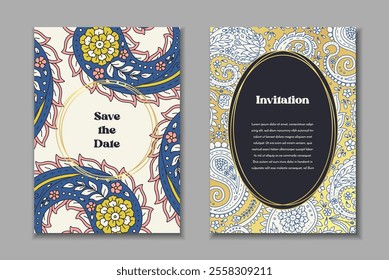 Two greeting cards templates set with paisley motifs. Wedding invitation with oriental decoration. Modern abstract stationary design.