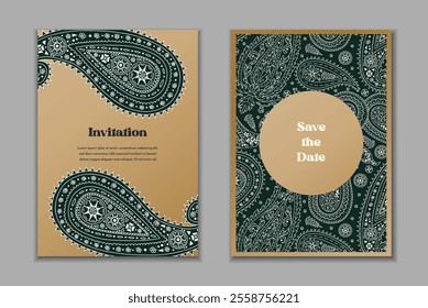 Two greeting cards templates set with black and white paisley motifs. Wedding invitation with monochrome oriental decoration. Modern abstract stationary design.