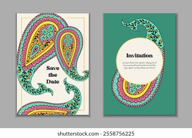 Two greeting cards templates set with bright colorful paisley motifs. Wedding invitation with oriental decoration. Modern abstract stationary design.