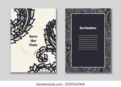 Two greeting cards templates set with paisley motifs. Wedding invitation with oriental decoration. Modern abstract stationary design.