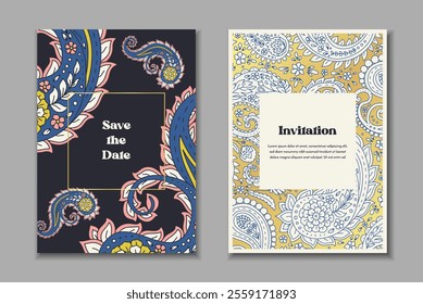 Two greeting cards templates set with paisley motifs. Wedding invitation with oriental decoration. Modern abstract stationary design.