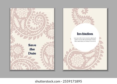 Two greeting cards templates set with paisley motifs. Wedding invitation with oriental decoration. Modern abstract stationary design.