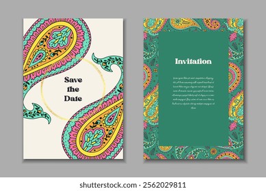 Two greeting cards templates set with bright colorful paisley motifs. Wedding invitation with oriental decoration. Modern abstract stationary design.