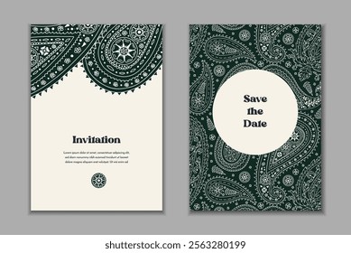 Two greeting cards templates set with black and white paisley motifs. Wedding invitation with monochrome oriental decoration. Modern abstract stationary design.