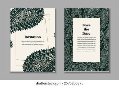 Two greeting cards templates set with black and white paisley motifs. Wedding invitation with monochrome oriental decoration. Modern abstract stationary design.