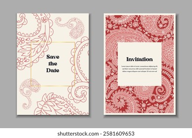 Two greeting cards templates set with paisley motifs. Wedding invitation with oriental decoration. Modern abstract stationary design.
