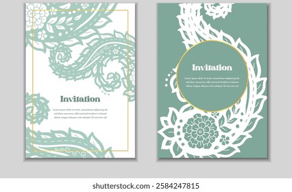 Two greeting cards templates set with paisley motifs. Wedding invitation with oriental decoration. Modern abstract stationary design.