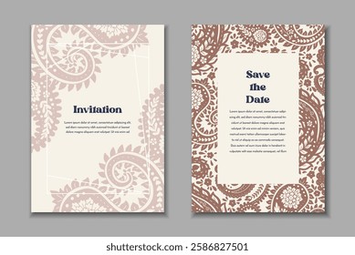 Two greeting cards templates set with paisley motifs. Wedding invitation with oriental decoration. Modern abstract stationary design.