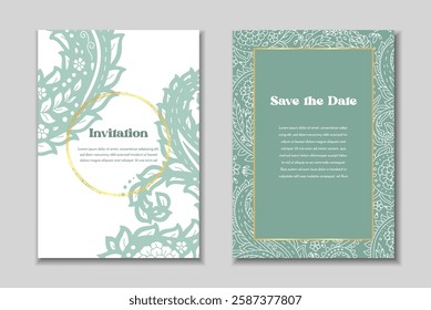 Two greeting cards templates set with paisley motifs. Wedding invitation with oriental decoration. Modern abstract stationary design.