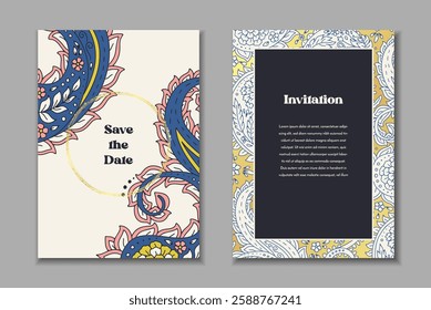 Two greeting cards templates set with paisley motifs. Wedding invitation with oriental decoration. Modern abstract stationary design.