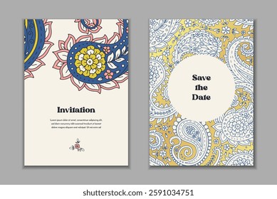 Two greeting cards templates set with paisley motifs. Wedding invitation with oriental decoration. Modern abstract stationary design.